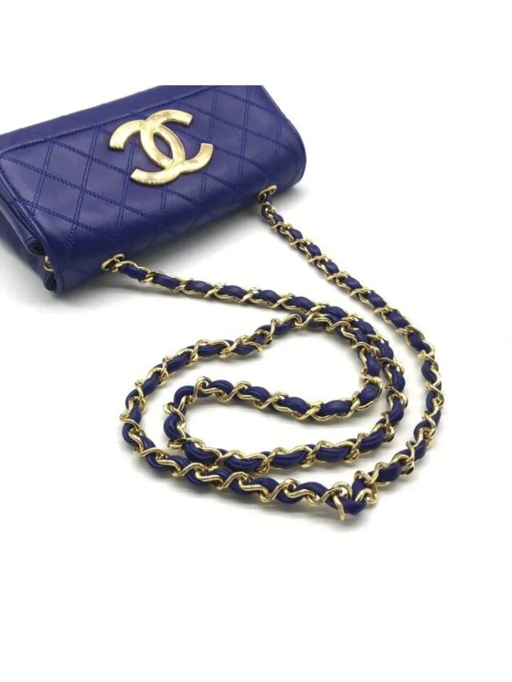 Chanel Bicolor Chain Shoulder Bag Big CC Logo Gold Quilted Blue